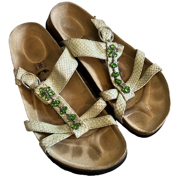 Birkenstock Shoes - Birkenstock Pale green shimmer Snake-Print Slide Sandals with Green Gem Accents